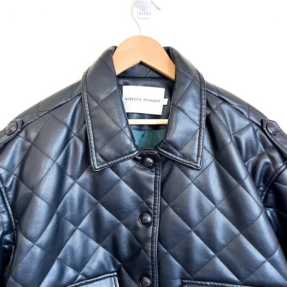 Rebecca Minkoff Women Bomber Jacket Medium Black Quilted Vegan Faux Leather Goth - Picture 5 of 15